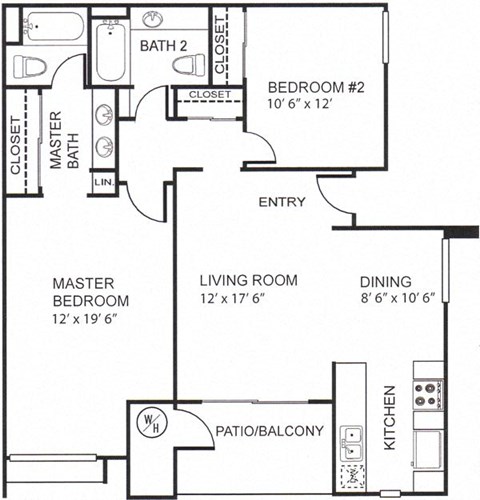 Floor plan for 2 beds, 2 baths, 1027 sqft